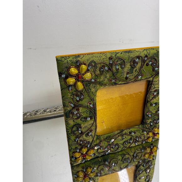 Vintage Boho Hand Embroidered & Beaded Fabric Picture Frame, Green and Yellow - Picture 4 of 10